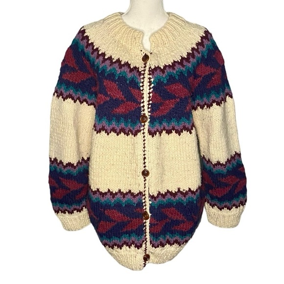 Vintage Chunky Handknit Wool Cardigan Sweater Ecuador Cream Blue Burgundy L 90s - Picture 1 of 9